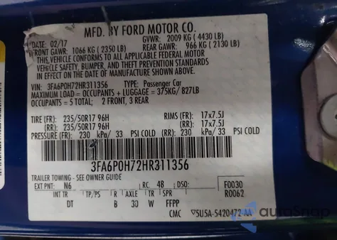 2017 Ford Fusion Se from USA, damaged, VIN 3FA6P0H72HR311356